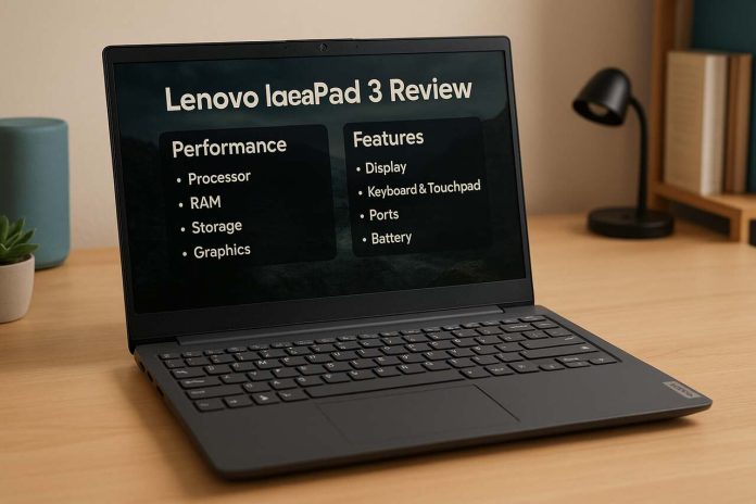 Lenovo IdeaPad 3 on a desk displaying performance and feature review sections.
