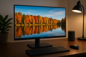 KTC monitor showing vibrant autumn colors on screen in a well-lit workspace