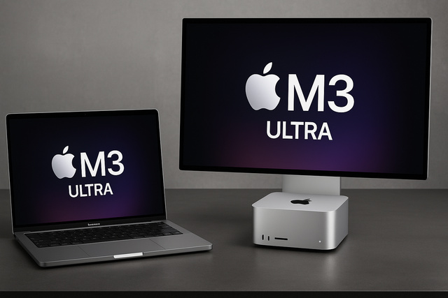Apple M3 Ultra MacBook Pro and Mac Studio setup on a desk