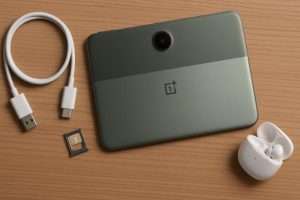 OnePlus Pad Go 2 with USB-C cable, SIM tray, and wireless earbuds.