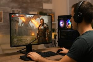 Gamer playing fantasy video game with AI-generated characters and dragon.