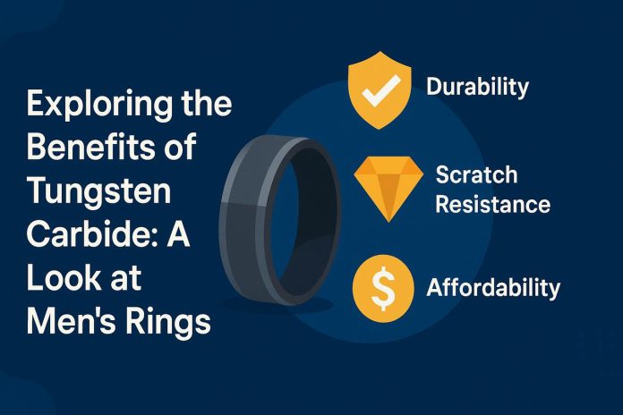 Tungsten carbide men's ring with icons showing its key benefits.