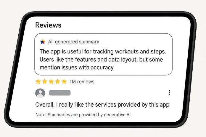 AI summarizing Play Store app reviews on a smartphone screen.