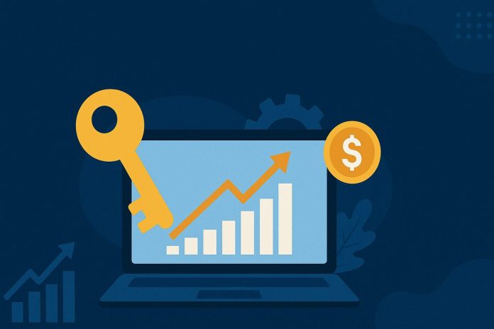 Golden key and graph on a laptop symbolizing SaaS-driven business growth.