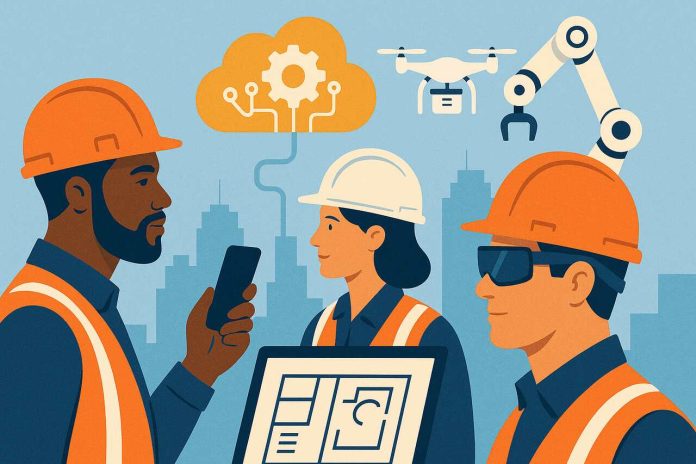 Construction workers using futuristic tech like drones, AR glasses, and robotics.