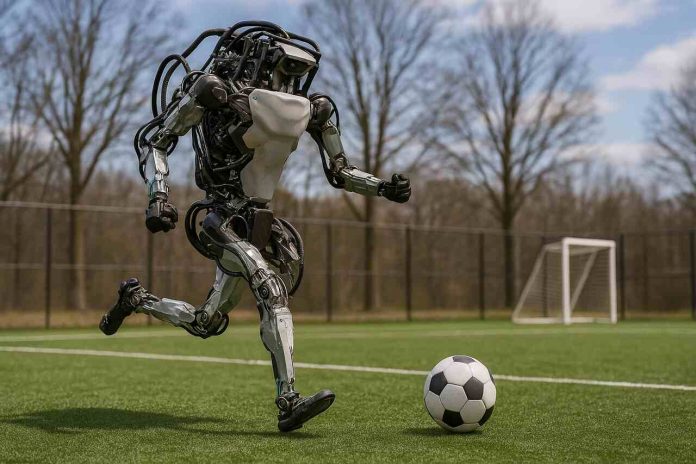Humanoid robot kicking a soccer ball on a green field.