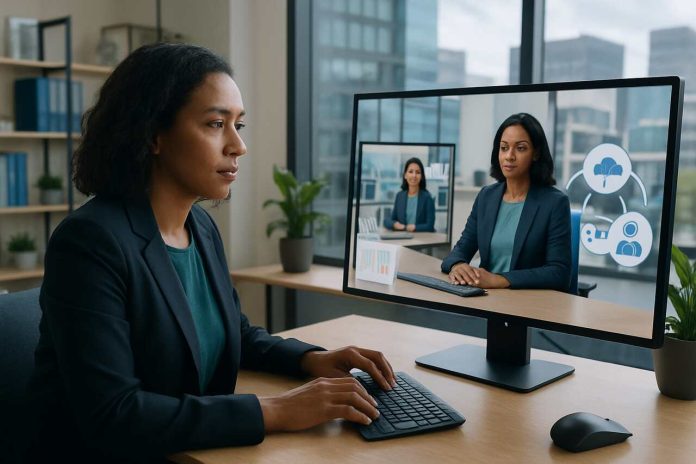 Businesswoman testing AI digital twin on computer