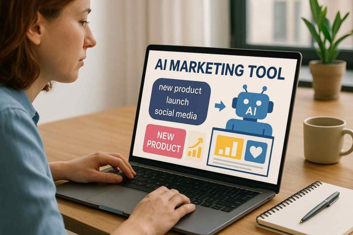 Woman using AI marketing tool on laptop to build campaign.