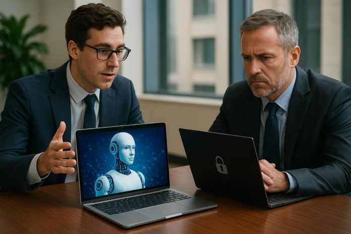 Businessmen comparing generative AI and cybersecurity on laptops.