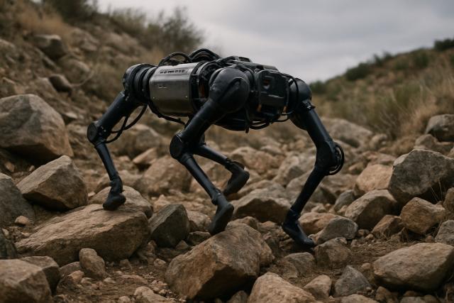High-mobility robot moving over rocky terrain outdoors.