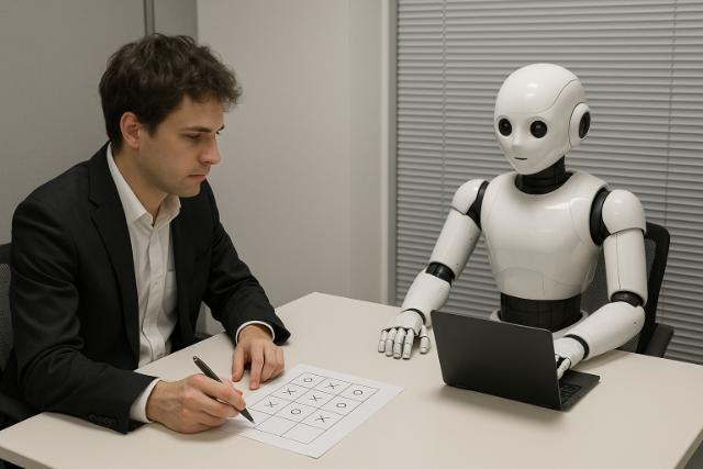 Robot and human testing AI performance in an office setting