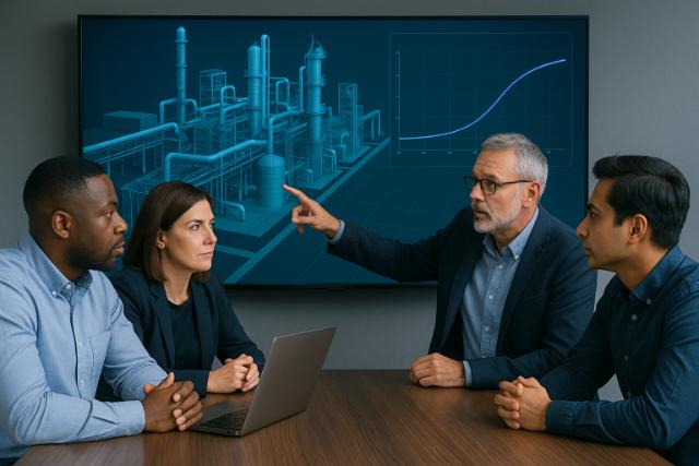 Team discussing AI digital twin simulation on a large screen.