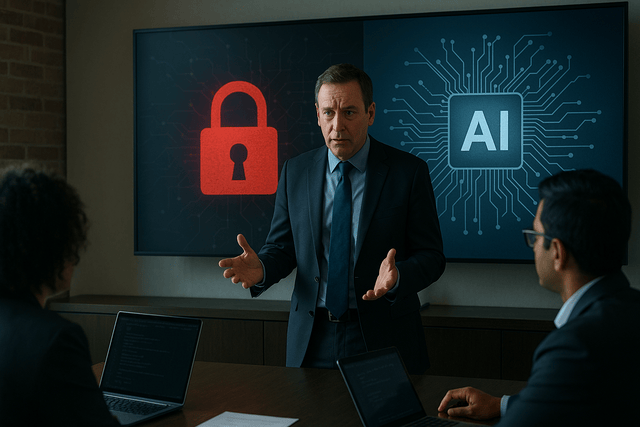 Executive discussing AI and cybersecurity risks in an office.