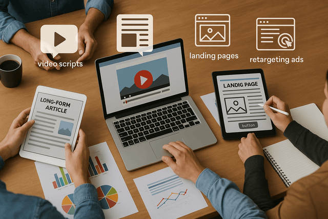 Team using AI tools to scale a marketing campaign across video, article, and landing page formats