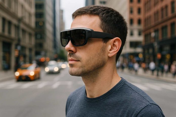 Man wearing AI glasses in a city environment