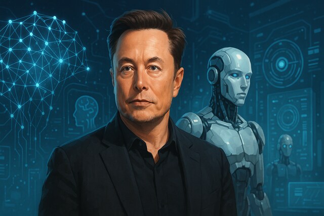 Elon Musk with futuristic AI technology and humanoid robots in 2025.