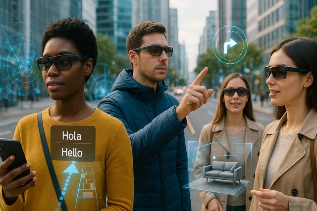 Futuristic AI glasses in real-world scenarios like navigation and augmented reality.
