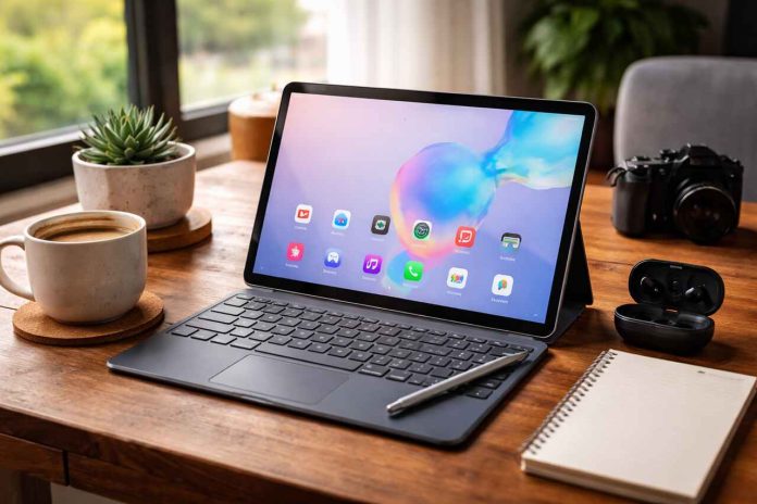 Samsung Galaxy Tab S6 on desk with keyboard and S Pen, surrounded by work accessories