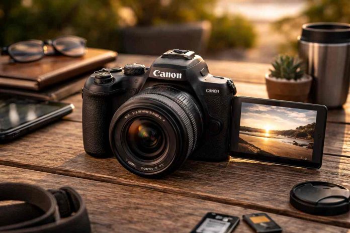 Canon R100 mirrorless camera on wooden table with accessories in warm natural light