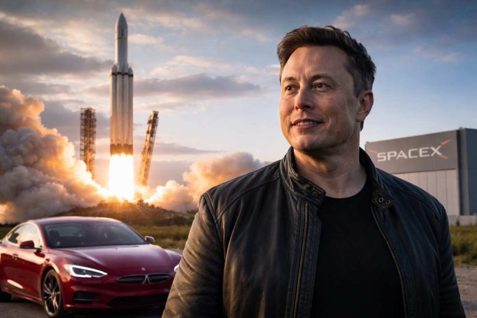 Elon Musk with Tesla and SpaceX rocket launch in background