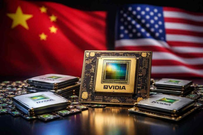 Nvidia AI chips with Chinese and American flags in the background