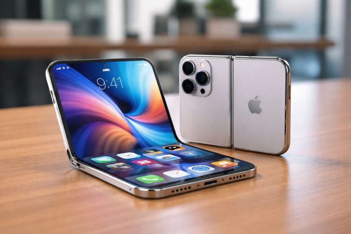 Foldable iPhone prototype with flexible OLED screen and hinge design.