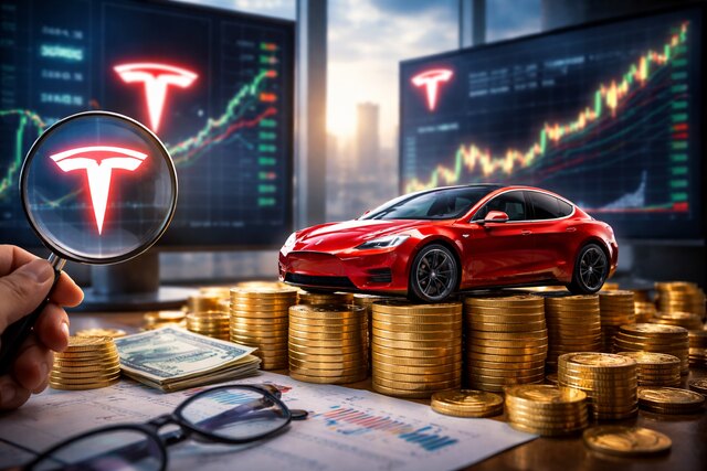 Tesla car on gold coins with stock charts in background