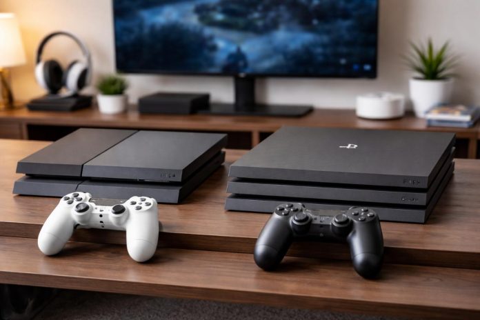 PS4 and PS4 Pro consoles side by side with controllers on a wooden table.