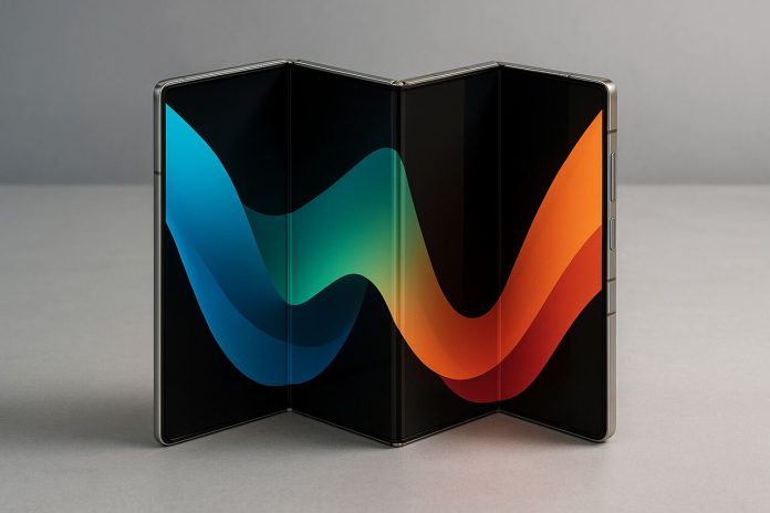 Samsung triple-folding smartphone with hybrid display architecture.