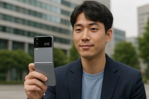 Man holding Samsung Galaxy Z Flip outdoors