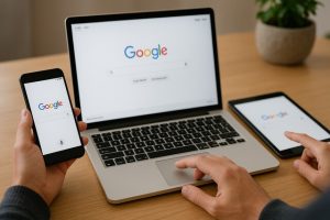 Google Search on smartphone, laptop, and tablet showing cross-device integration.