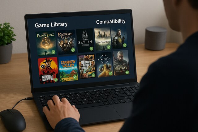 Person checking game compatibility on a laptop screen