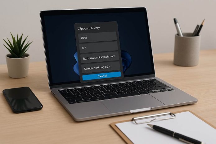 Windows laptop showing clipboard history on a clean desk setup