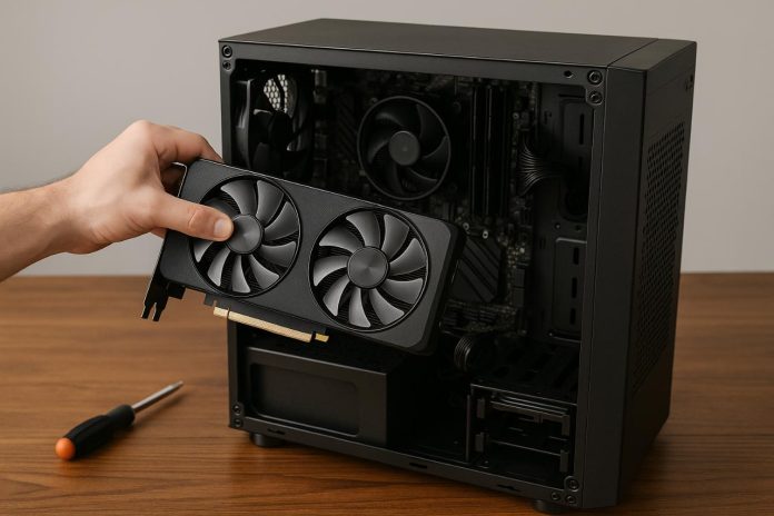 Installing a graphics card into a PC case for better performance.