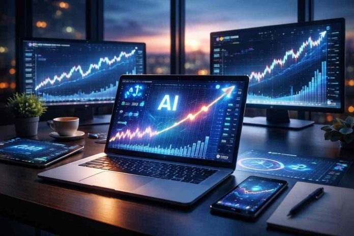 AI stock charts on digital screens in a futuristic workspace