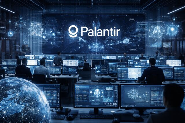 Analysts at work in a futuristic data operations center showcasing Palantir’s AI capabilities.