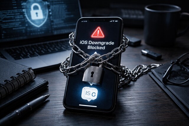 iPhone with chain and lock showing downgrade blocked warning.