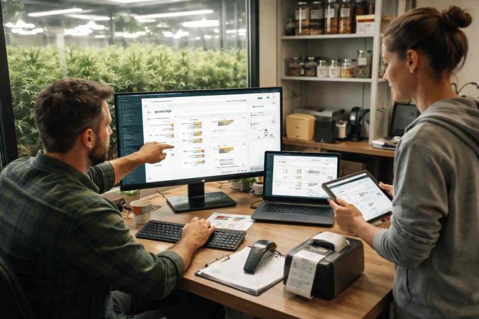 Professionals reviewing Leaf Logix backend workflows in a cannabis dispensary office.