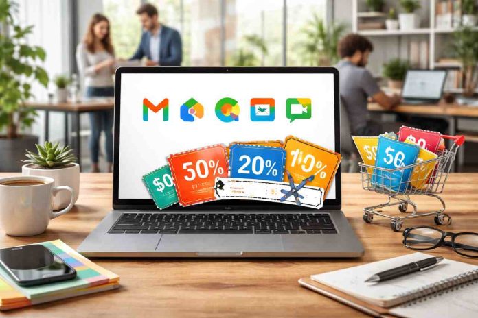 Google Workspace apps on laptop with discount coupons in office setting.