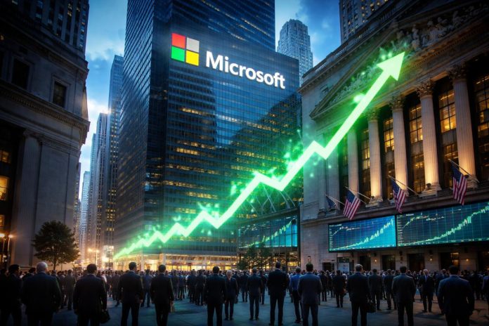 Microsoft AI stock surge visualized on Wall Street with glowing chart and skyscrapers.