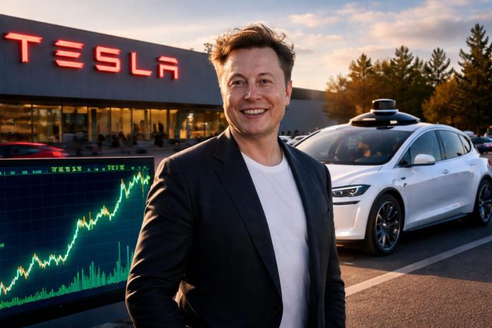 Elon Musk with Tesla robotaxi and rising stock chart.