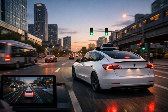 Tesla robotaxi driving autonomously in a city environment