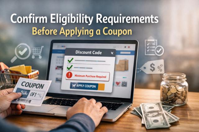 Reviewing coupon eligibility on a laptop before applying online.