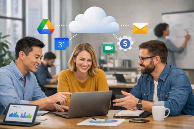 Business team using cloud tools symbolizing Google Workspace partner savings