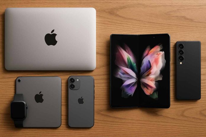 Apple devices vs Samsung foldable phone on wooden desk.