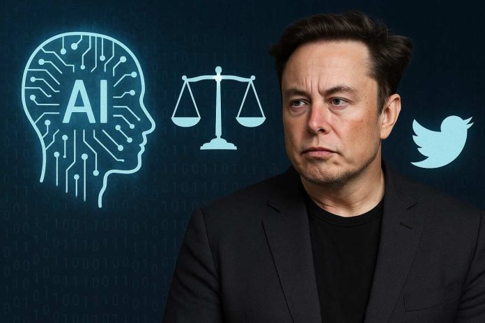 Elon Musk with AI, justice scales, and Twitter logo in background