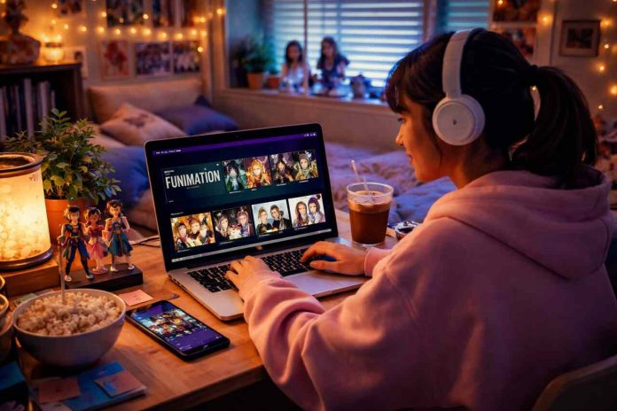 Woman watching anime on Funimation using a laptop in a cozy room.