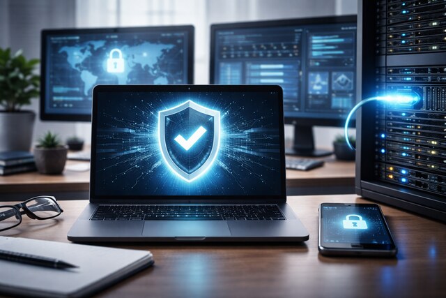 Secure digital workspace with laptop, smartphone, and server rack emphasizing data protection.