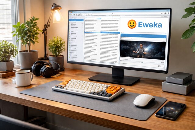 Eweka Usenet setup shown on a newsreader interface in a modern workspace.
