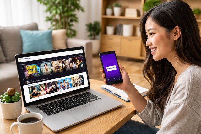 Woman browsing Funimation on laptop and smartphone in home setting.